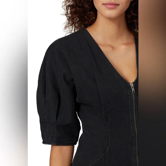 Mara Hoffman Sophie Dress Black V‑Neck Midi Dress with Puff Sleeves - Picture 4 of 11